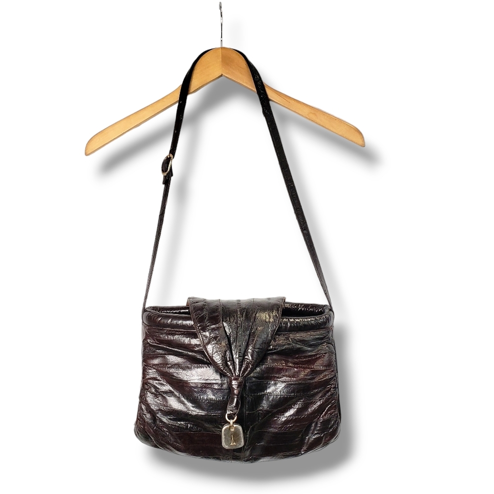 Vintage Genuine Eel Leather Brown Poofy Shoulder Bag